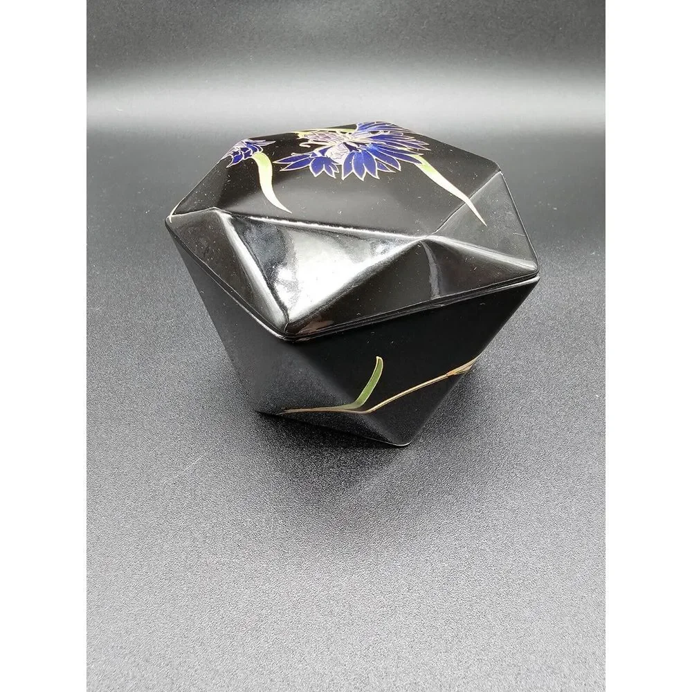 Vintage Otagiri Floral Trinket Box Purple‎ Black 5 Sided